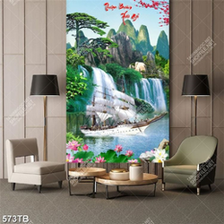 Tranh gắn tường thuận buồm chiếc thuyền và hoa sen bên thác nước in uv