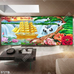Tranh trang trí phòng khách thuyền vàng bên đàn cò và thác nước chất lượng cao