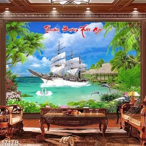 Tranh thuận buồm chiếc thuyền bên ngôi nhà lợp lá đẹp nhất