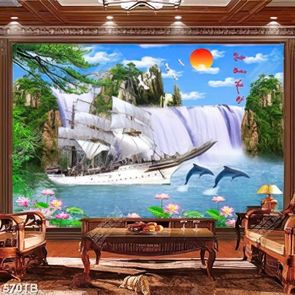 Tranh thuận buồm cá heo và thuyền buồm bên thác nước phong thuỷ