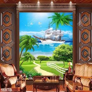 Tranh cánh đồng cỏ xanh bên thuyền và biển decor tường