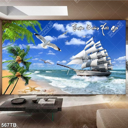 Tranh thuận buồm xuôi gió thuyền bên bãi cát vàng chất lượng cao