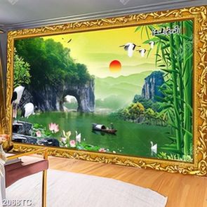 Tranh sơn thủy và chim Hạc