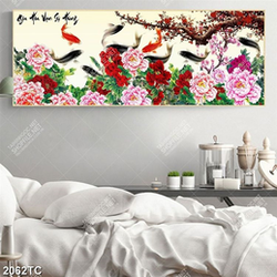 Tranh cá chép hoa mẫu đơn và hoa đào