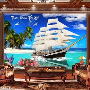 Tranh gắn tường thuận buồm xuôi gió thuyền bên hàng dừa xanh đẹp file psd