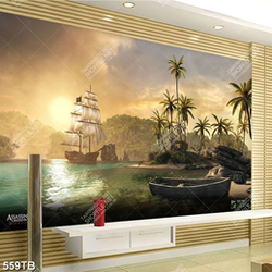 Tranh sơn dầu thuyền buồm bên hàng dừa xanh đẹp nghệ thuật