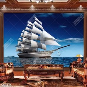 Tranh dán tường chiếc thuyền lênh đênh trên sóng biển nghệ thuật