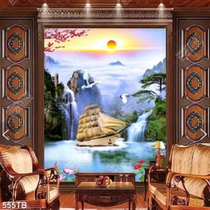 Tranh gắn tường chiếc thuyền buồm bên thác nước hùng vĩ