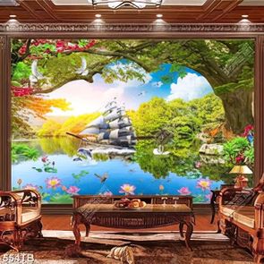 Tranh phong cảnh hồ sen và chiếc thuyền buồm chất lượng cao