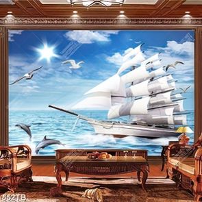 Tranh gắn tường in uv chiếc thuyền buồm và đàn cá heo vượt sóng đẹp nhất