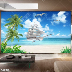 Tranh thuyền và chim hải âu bên bãi biển file psd