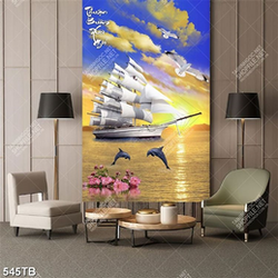 Tranh thuyền và cá heo trên biển