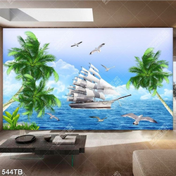 Tranh thuyền và biển bên hàng dừa xanh đẹp nghệ thuật