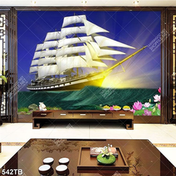 Tranh thuyền buồm và con sóng lớn in kính