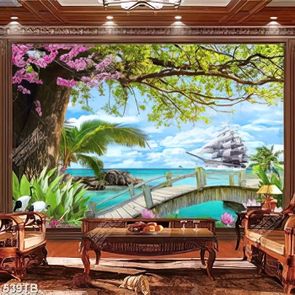 Tranh thuyền bên cây cầu gỗ in uv