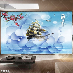 Tranh ghép 3D thuyền và hoa in kính