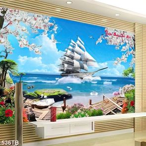 Tranh thuận buồm bãi biển và con thuyền in uv