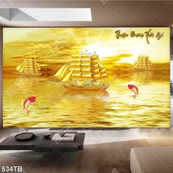 Tranh kim tiền thuyền và biển vàng bên những chú cá chép