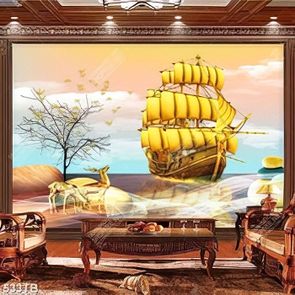 Tranh ghép 3D thuyền vàng và những chú nai file gốc