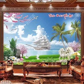 Tranh kỳ lân bên bãi biển và chiếc thuyền trắng decor phòng