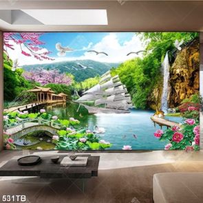 Tranh phong cảnh chiếc thuyền và hoa sen bên ngôi nhà gỗ