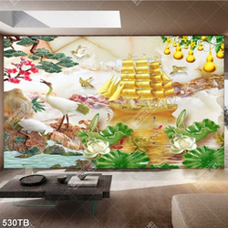 Tranh 3D giả ngọc hoa sen và cò bên thuyền vàng in kính
