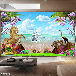 Tranh decor phòng khách thuyền bên bờ biển đẹp