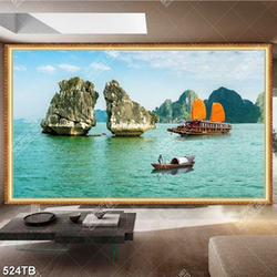 Tranh phong cảnh thuyền và hòn đôi file gốc