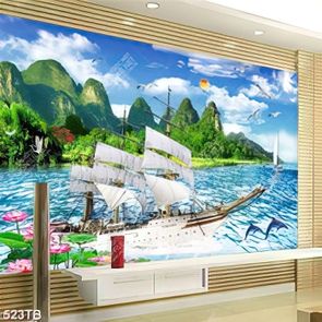 Tranh phong cảnh thuyền buồm và hoa sen in uv