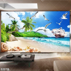 Tranh bãi biển và con thuyền lớn file gốc