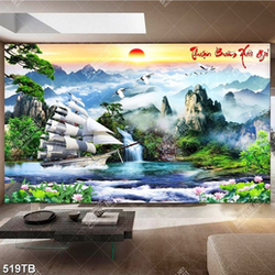 Tranh thác nước và con thuyền decor tường