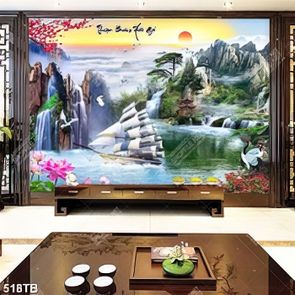Tranh phong thuỷ thuyền buồm vượt thác chất lượng cao