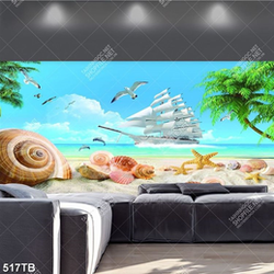 Tranh biển vỏ ốc trên bãi cát và chiếc thuyền in uv