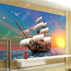 Tranh hoàng hôn trên thuyền và biển in kính