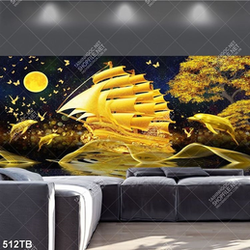 Tranh ghép 3D thuyền vàng và cá heo đẹp nghệ thuật