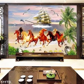 Tranh bát mã bên bờ biển và hàng dừa xanh chất lượng cao