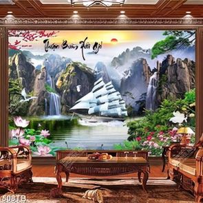 Tranh phong cảnh thác nước đẹp và con thuyền trang trí tường khổ ngang Tranh phong cảnh thác nước đẹp và con thuyền trang trí tường khổ ngang