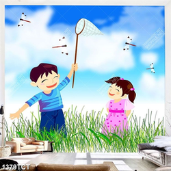 Tranh 2 bé bắt chuồn chuồn