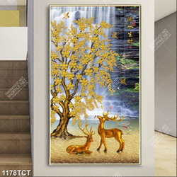 Tranh hươu vàng và thác nước