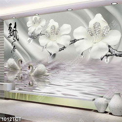 Tranh lụa 3D chim thiên nga và hoa