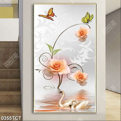 Tranh 3D chim thiên nga và hoa hồng