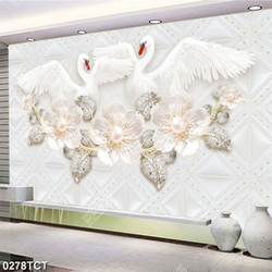 Tranh lụa chim thiên nga và hoa đá quý