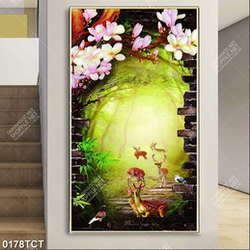 Tranh 3D hoa mộc lan và hươu