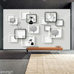 Tranh 3D họa tiết con mèo và cây