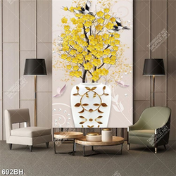 Tranh bình hoa trang trí cành hoa mai vàng bên chú chim non