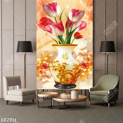 Tranh bình hoa tulip màu hồng bên trong bình gỉa ngọc psd