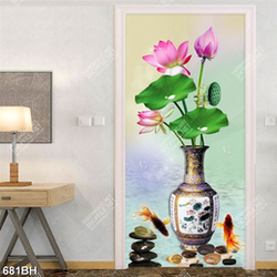 Tranh bình hoa sen hồng bên đàn cá chép vàng nghệ thuật