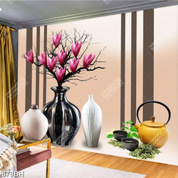 Tranh bình hoa dán tường chiếc bình gốm bên bình trà xanh