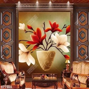 Tranh bình hoa 3d những bông hoamộc lan bên bình gốm sứ