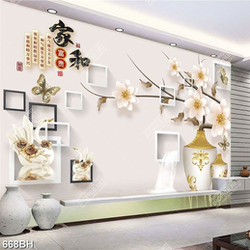 Tranh bình hoa 3d những bông hoa đào bên tường họa tiết